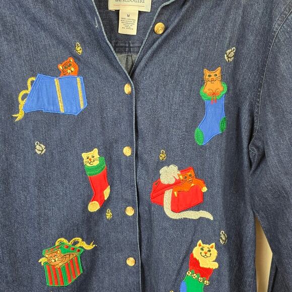 Westbound Denim Christmas Cat Lady Kittens Embroidered Shirt Button Up 90s M - Picture 6 of 13